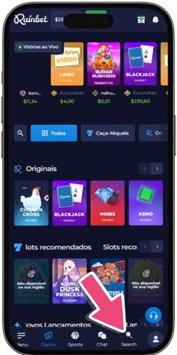 Barra de busca de jogos no cassino com ícone de lupa